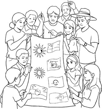 Group of people collaborating on colorful quilt project together.