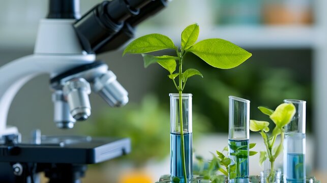Tilted view of a microscope and test tubes filled with natural elements illustrating detailed scientific research