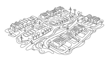 Naklejka premium Isometric sketch of a sustainable eco friendly village with green energy.