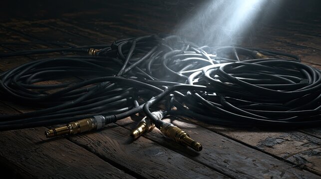 Coiled Electrical Cables and Connectors on Wooden Floor Illuminated by Spotlight.