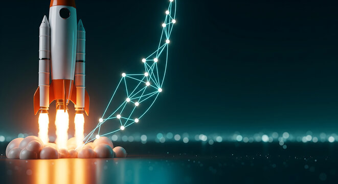 Vibrant rocket taking off with an illuminated data network trajectory, symbolizing exponential business growth and technological advancement, suitable for startup success, financial investment, and