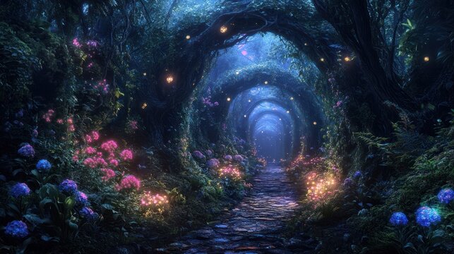 Enchanting night forest path, glowing flowers, mystical tunnel