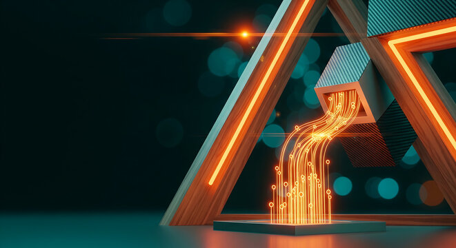Dynamic geometric glowing 'A' structure with vibrant orange data streams flowing, symbolizing innovation, digital transformation, and future technology, perfect for AI branding, network solutions,