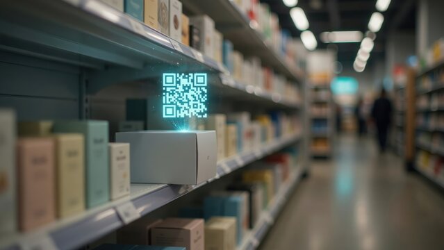 White product box on a retail store shelf with a glowing digital QR code floating above it in a supermarket