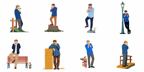 Fototapeta premium Collection of illustrations featuring a man in rural attire playing the harmonica in various outdoor countryside settings.