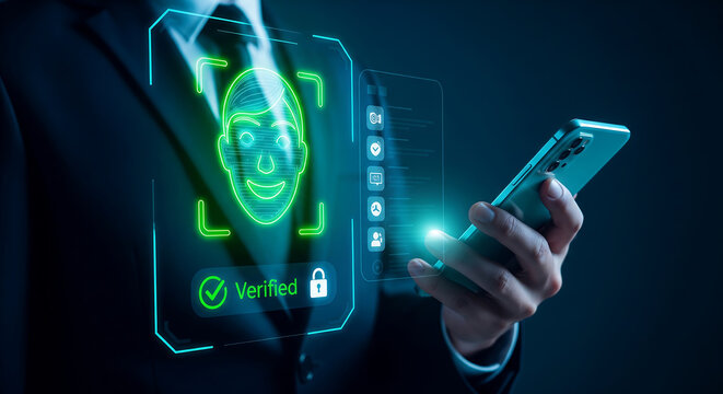 Modern biometric facial recognition system with verified checkmark and lock icon on smartphone screen, concept for secure access, identity verification and digital security solutions