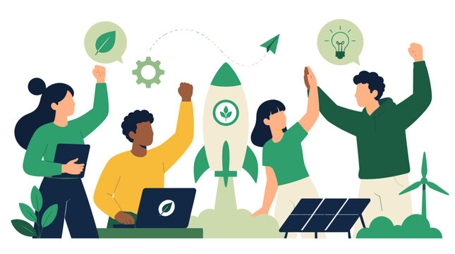 Diverse team collaborates on renewable energy project.