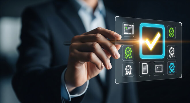 Business professional in suit using a pen to interact with a glowing checkmark on a transparent digital screen, perfect for quality assurance, compliance audits and certification programs