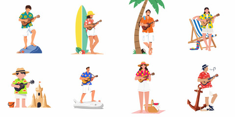 Fototapeta premium A set of diverse characters playing ukulele in tropical beach settings, wearing colorful Hawaiian shirts and enjoying various summer activities.
