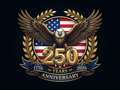 USA 250 Years Anniversary Patriotic Emblem with Golden Laurel Wreath and Bald Eagle on Dark Background
