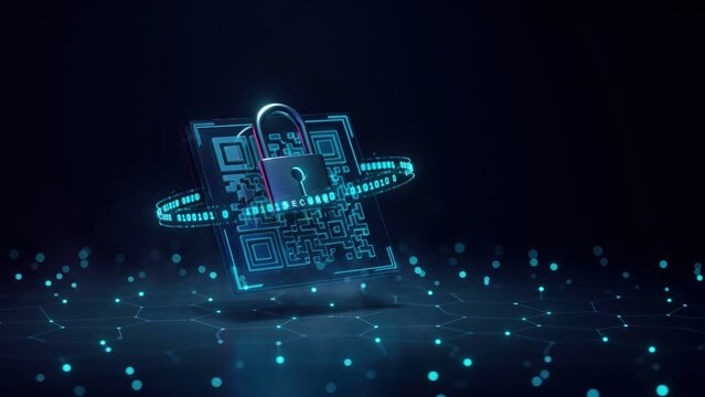 Secured QR code with glowing padlock and binary code ring on dark abstract digital background.