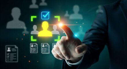 Fototapeta premium Abstract digital human resource selection interface with glowing icons and a hand pointing at a selected candidate, concept for recruitment, talent acquisition, and employee screening