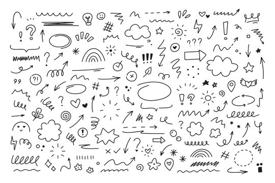 Hand drawn doodle elements collection. Sketch arrows, stars, hearts, highlights and decorative scribble lines set. For notes, planners, presentations and creative design projects.