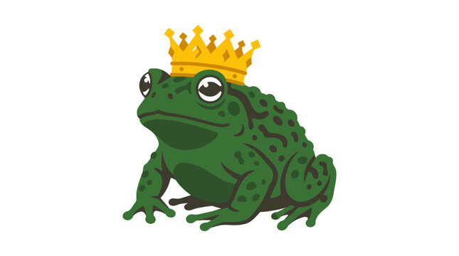A green frog wearing a golden crown on a white background