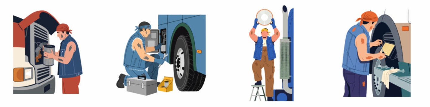 Set of professional illustrations showing a mechanic performing various maintenance tasks on a heavy-duty truck including changing filters and inspecting the engine.