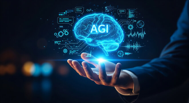 Futuristic digital brain with 'AGI' text held in a businessman's hand, surrounded by data interfaces, representing advanced artificial general intelligence development for technology articles,