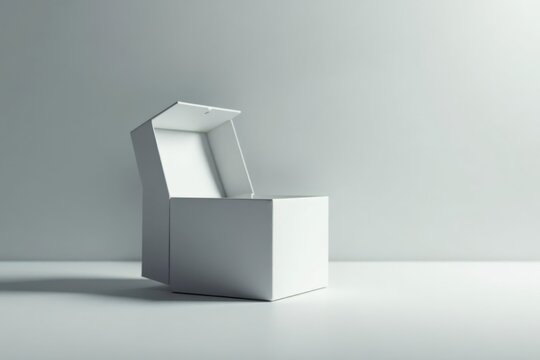 A partially opened plain white cube-shaped box sits on a minimalist surface