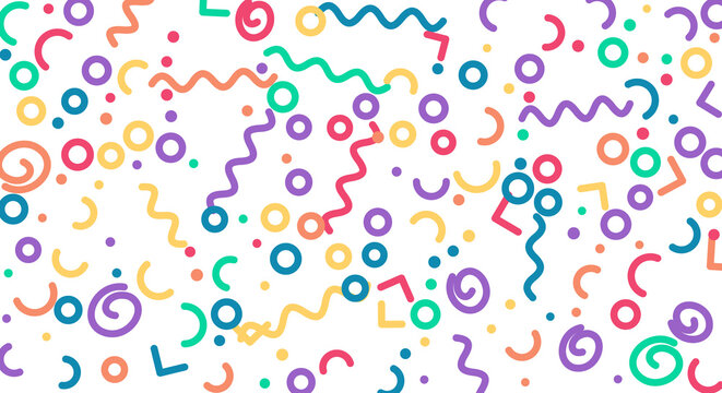 Abstract memphis style background pattern with colorful geometric shapes on transparent background.