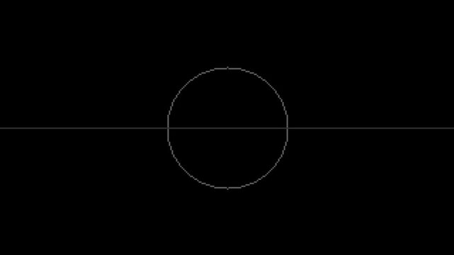 A minimalist abstract design featuring a thin white circle intersected by a horizontal line on a stark black background.