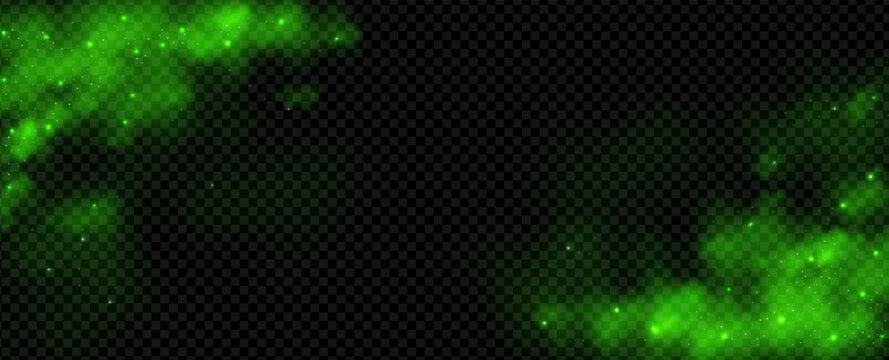 Green magic smoke or cloud smell sparkle for halloween background. Poison gas light and powder of particle fog effect. Nebula toxic fire or bad haze dust. Trash odour on black transparent bg