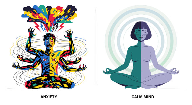 Mental health contrast illustration vector design showing the difference between chaotic anxiety and peaceful meditative calm mind states