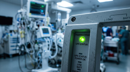 Fototapeta premium Green indicator light power status medical equipment hospital device control panel glowing power status light medical equipment control panel hospital room with blurred monitor and clinical device