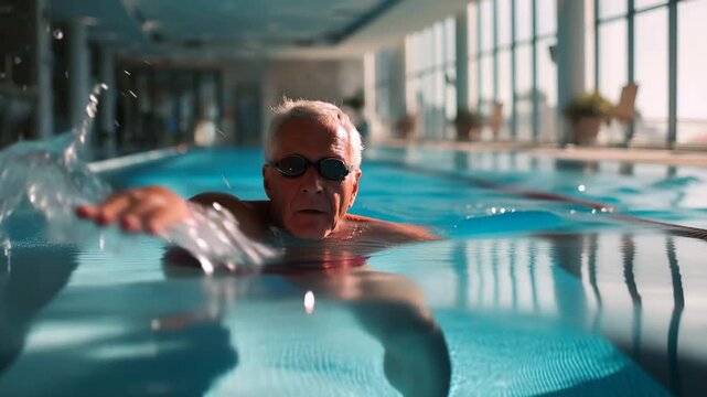 Senior man swimming in an indoor pool wearing goggles for exercise video.