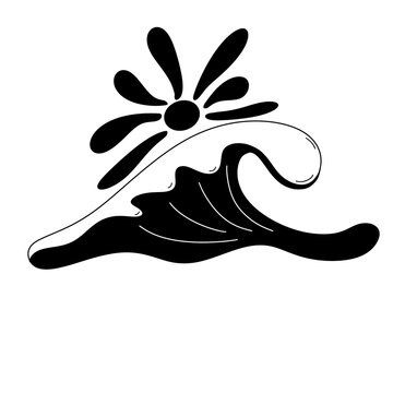Minimalist black wave and sun illustration with bold organic shapes, modern coastal illustration design for summer, surfing, beach branding, posters, and decorative graphics.