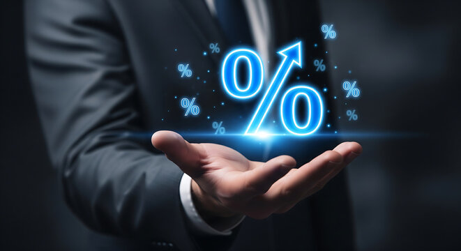 Businessman in dark suit holding glowing blue neon 0% symbol with upward growth arrow above open palm, concept for bank loan marketing, interest rate campaigns and financial service promotion