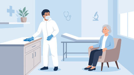 Fototapeta premium Healthcare worker in hazmat suit sanitizing doctor's office with patient waiting