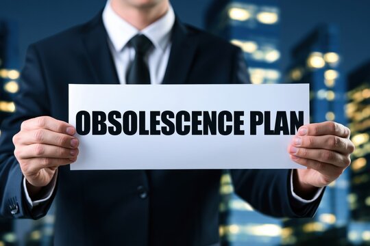 Businessman holding a white paper with obsolescence plan text