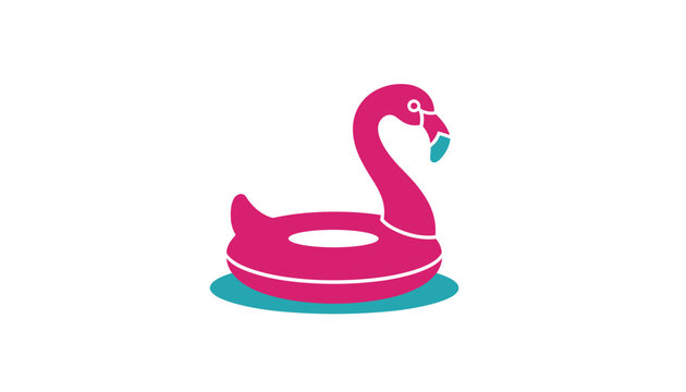 Fun inflatable pink flamingo pool float floating on turquoise water isolated on a clean white background.
