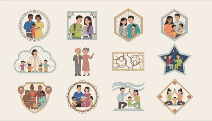 Fototapeta premium Set of diverse family portraits depicted inside various geometric and decorative frames on a light background.