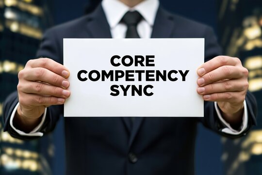 Businessman holding a white paper with the conceptual words core competency sync