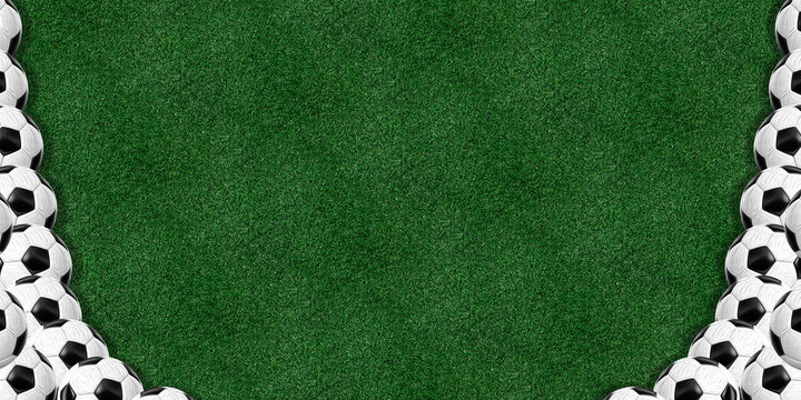 Soccer balls side borders on green grass field background for sports posters and banners