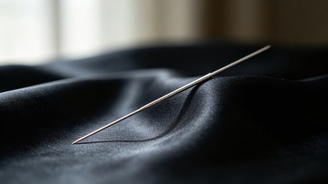 acupuncture. Slender silver acupuncture needle on dark silk fabric. STEM education sheets, lab safety posters, designed for STEM education and laboratory safety posters.