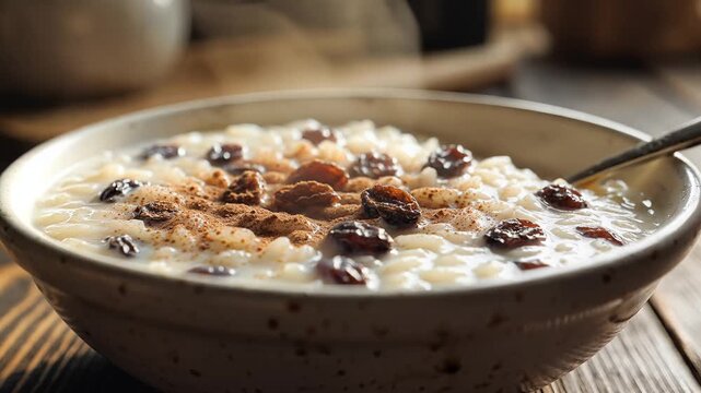 Creamy rice pudding with raisins and cinnamon topping