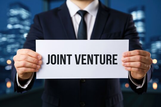 Corporate businessman holding a white paper with joint venture text