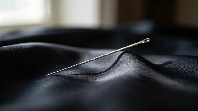 acupuncture. Slender silver acupuncture needle on dark silk fabric. STEM education sheets, lab safety posters, designed for STEM education and laboratory safety posters.