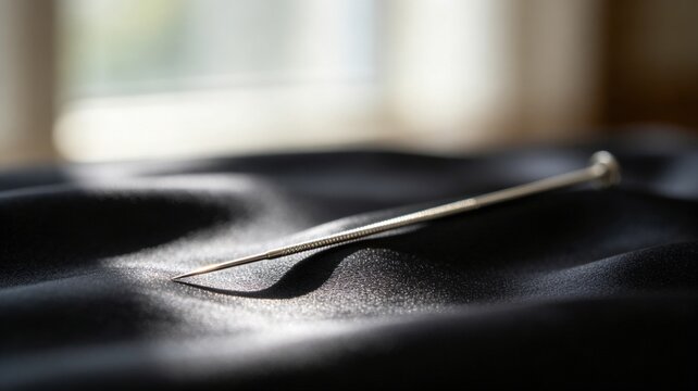 acupuncture. Slender silver acupuncture needle on dark silk fabric. STEM education sheets, lab safety posters, designed for STEM education and laboratory safety posters.