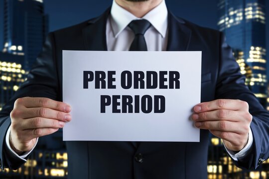 Businessman holding a sign with the words pre order period