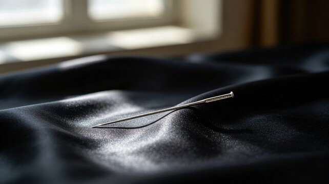 acupuncture. Slender silver acupuncture needle on dark silk fabric. STEM education sheets, lab safety posters, designed for STEM education and laboratory safety posters.