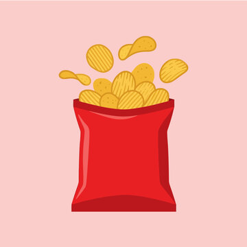 Crispy potato chips flying out of a red snack bag