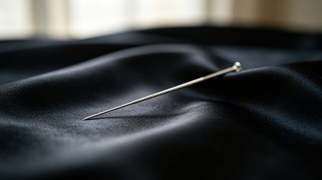 acupuncture. Slender silver acupuncture needle on dark silk fabric. STEM education sheets, lab safety posters, designed for STEM education and laboratory safety posters.