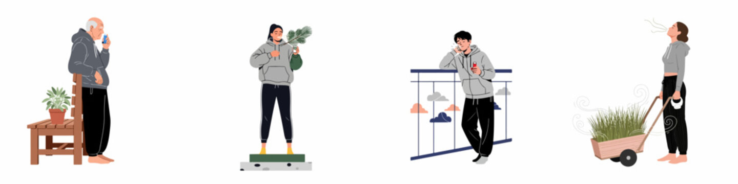 Collection of flat vector illustrations depicting diverse people managing asthma, allergies, and respiratory issues with inhalers and environmental triggers.