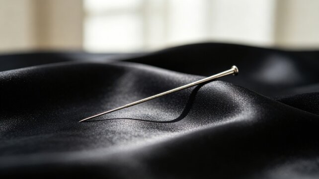 acupuncture. Slender silver acupuncture needle on dark silk fabric. STEM education sheets, lab safety posters, designed for STEM education and laboratory safety posters.