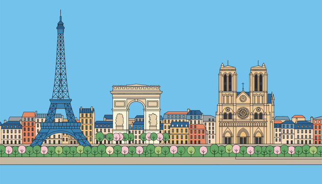 Beautiful vector illustration of the Paris skyline featuring the Eiffel Tower, Arc de Triomphe, and Notre Dame.