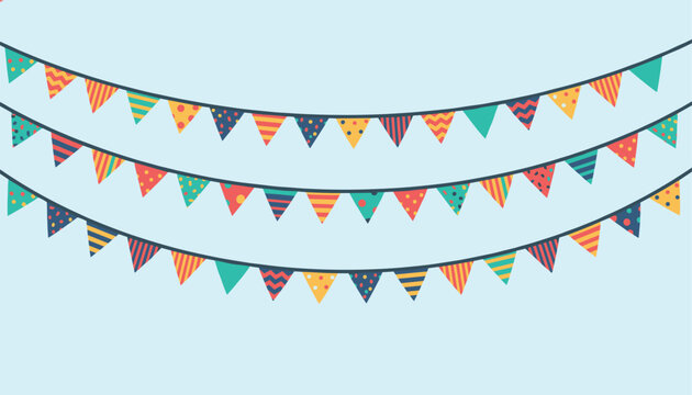 Festive decoration featuring three rows of colorful triangle bunting garland flags hanging on a blue background.