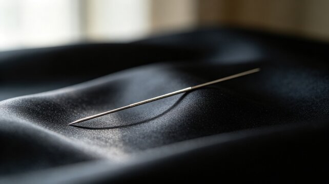 acupuncture. Slender silver acupuncture needle on dark silk fabric. STEM education sheets, lab safety posters, designed for STEM education and laboratory safety posters.