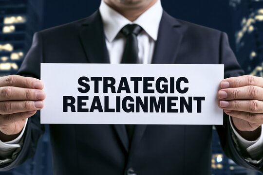 Corporate businessman holding a sign displaying the concept of strategic realignment